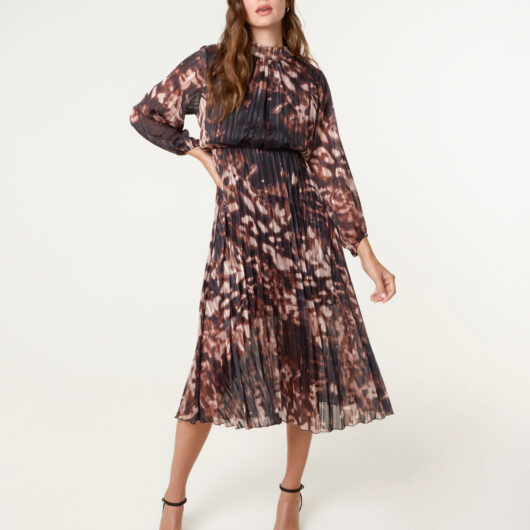High Neck Metallic Pleated Dress - S / BLACK/BROWN