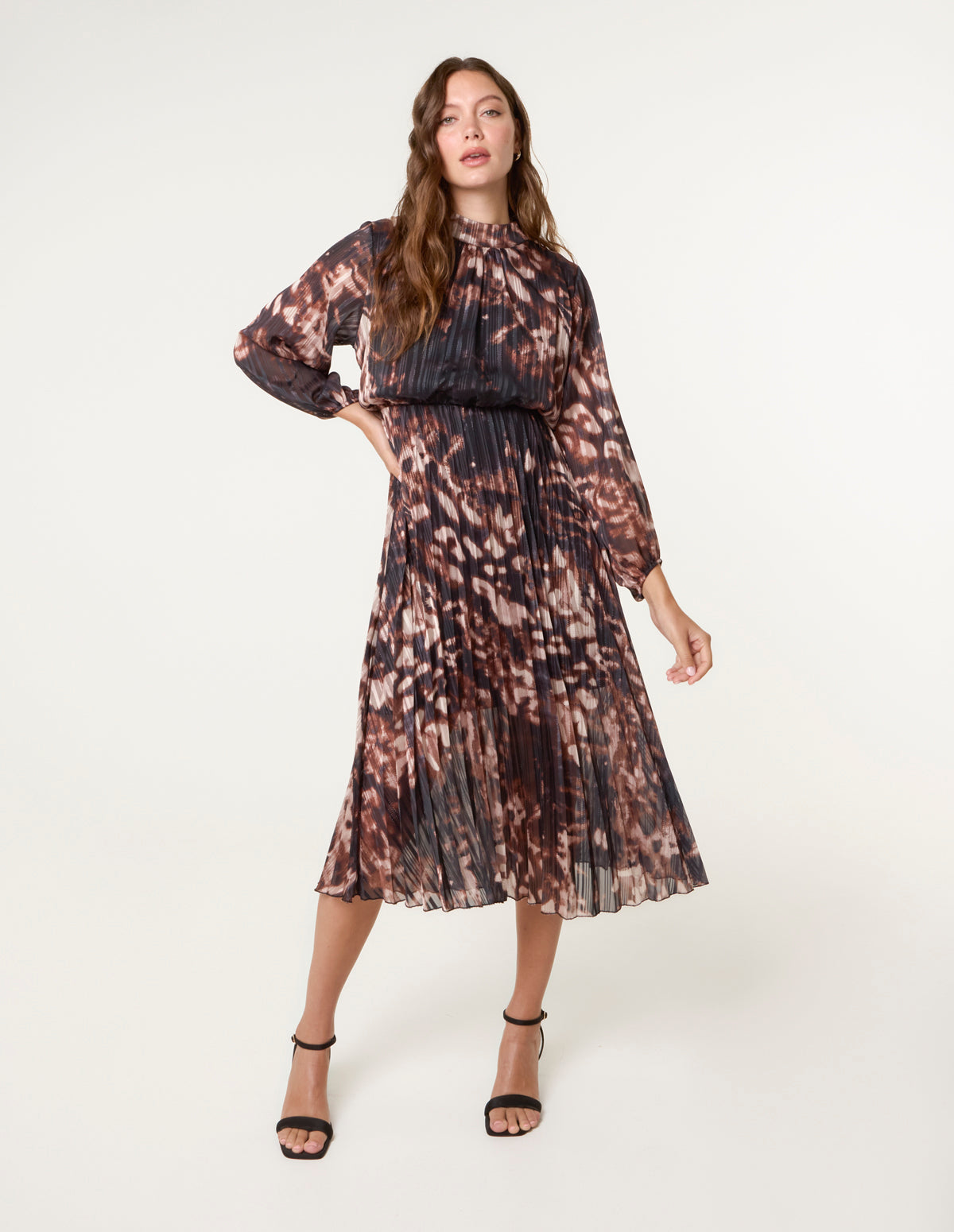 High Neck Metallic Pleated Dress - S / BLACK/BROWN